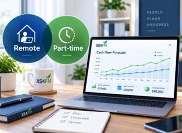 Diagram of overlapping remote and part-time CFO models beside a laptop showing a cash flow forecast