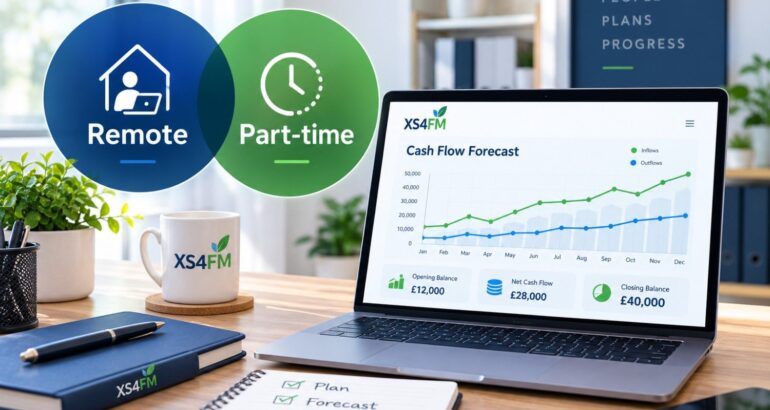 Diagram of overlapping remote and part-time CFO models beside a laptop showing a cash flow forecast