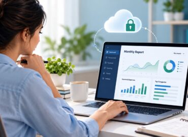 Small business owner reviewing a monthly financial report on a laptop supported by outsourced bookkeeping