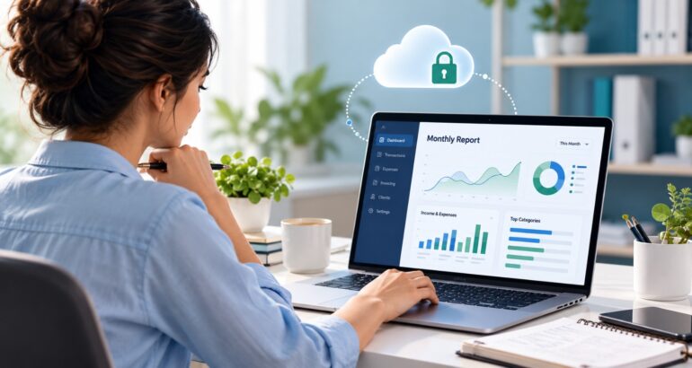 Small business owner reviewing a monthly financial report on a laptop supported by outsourced bookkeeping