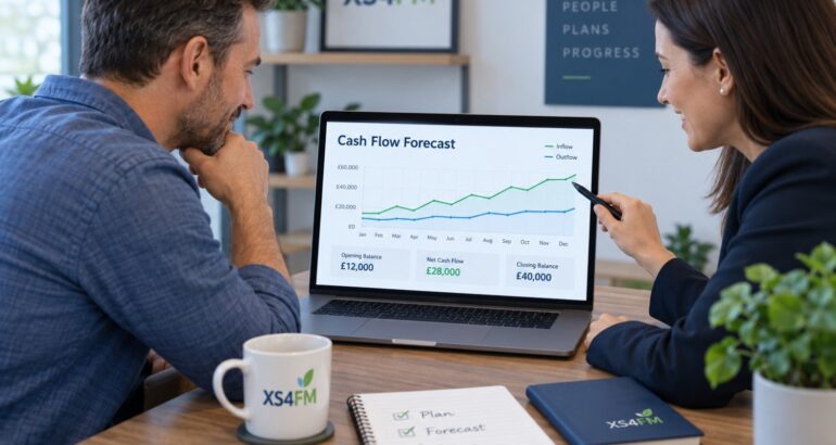 Business owner and financial advisor reviewing a cash flow forecast during a fractional CFO meeting